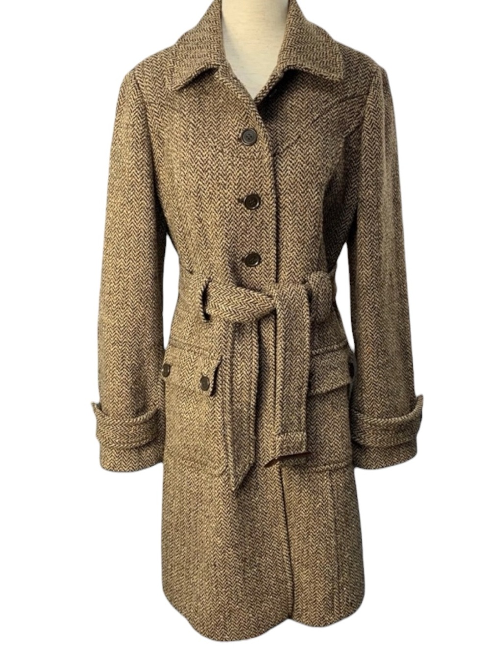 LOFT Trench Coat Herringbone Tweed Belted in Brown Size 6P - Picture 3 of 8